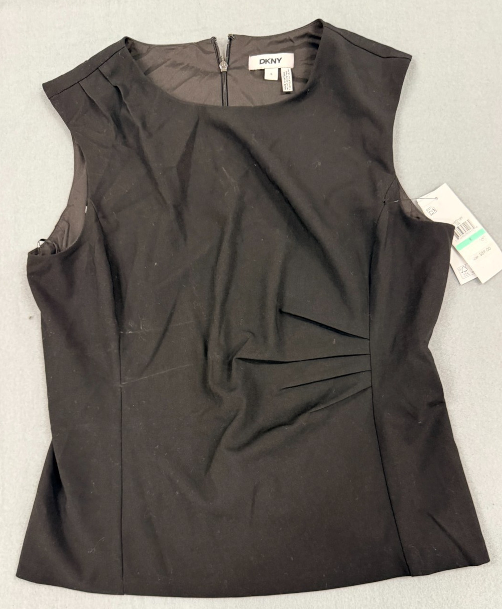 DKNY Blouse Top Womens 8 Black Ruched Sleeveless Back Zip Stretch Minimalist NWT